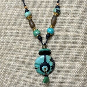 Bohemian Style Necklace with Faux Turquoise Glass Beads on Leather Cord 22”